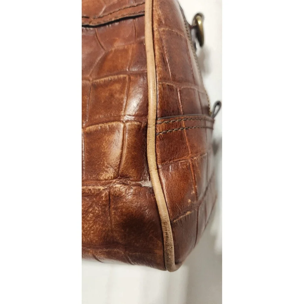 Fossil Brown Croc Embossed Leather Satchel Handbag SHB1140 Brass Hardware